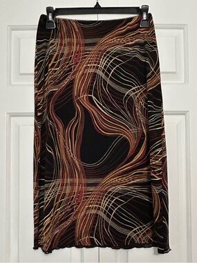 Vintage 90s La Belle Black Skirt with Gold and Brown Wave Print - Medium